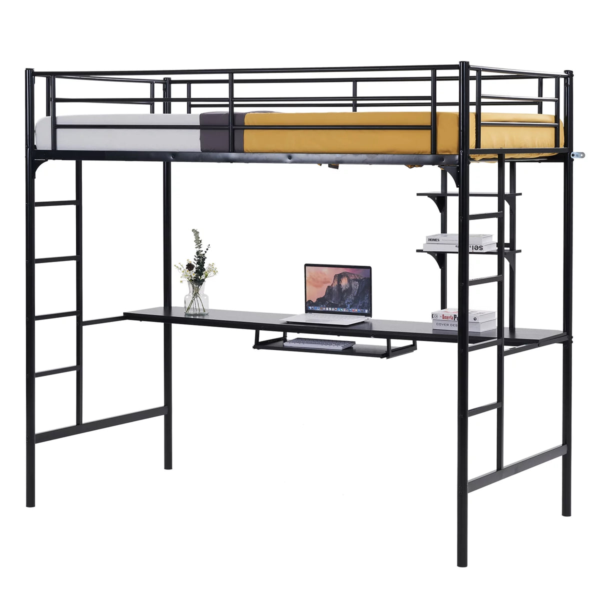 Black Metal Twin Loft Bed with Desk S8340