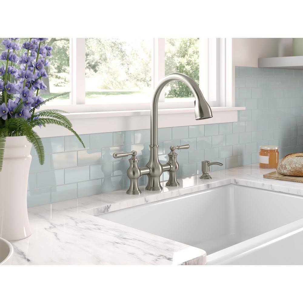 2-Handle Bridge Farmhouse Pull-Down Kitchen Faucet with Soap Dispenser I133729