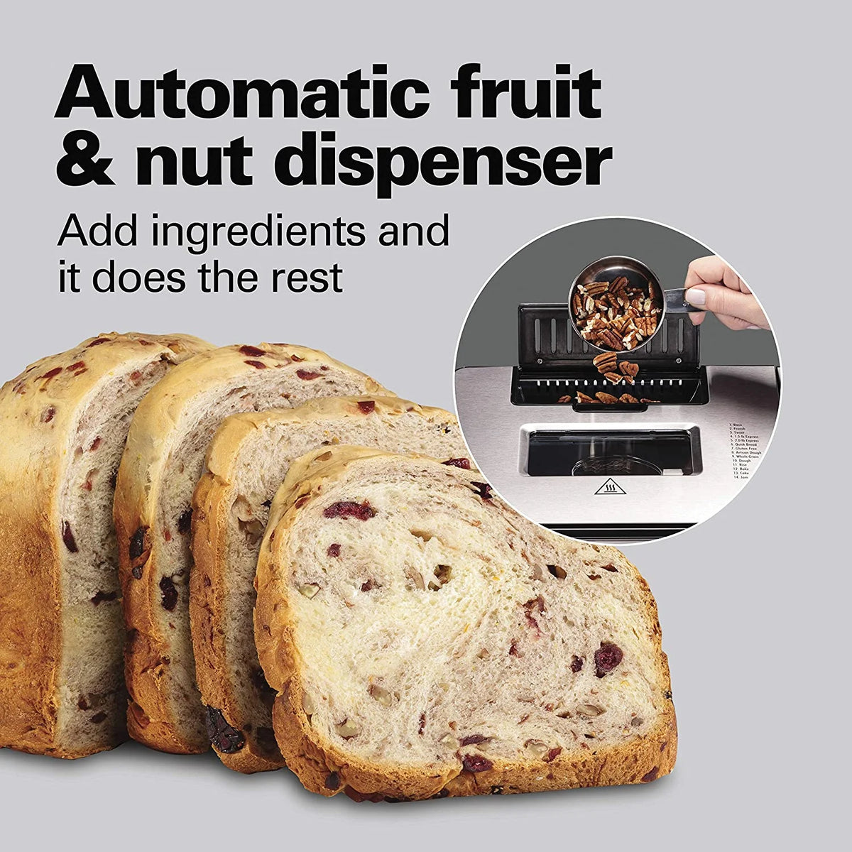 Bread Maker Machine with Auto Fruit and Nut Dispenser, 2 lb. Loaf Capacity, 14 Programmable Settings Z34081