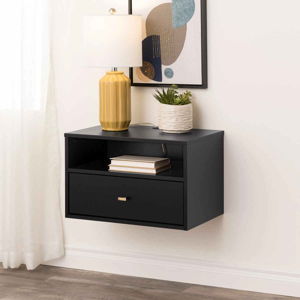 Black Floating Nightstand With Open Shelf B1325