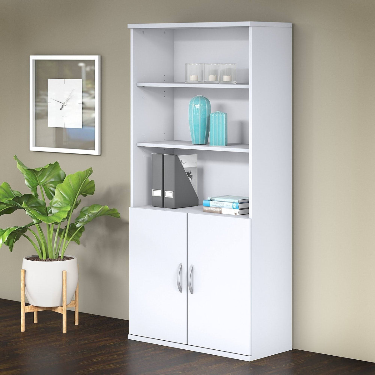 White 5 Shelf 2 Door Wood Composite Bookcase Q2375