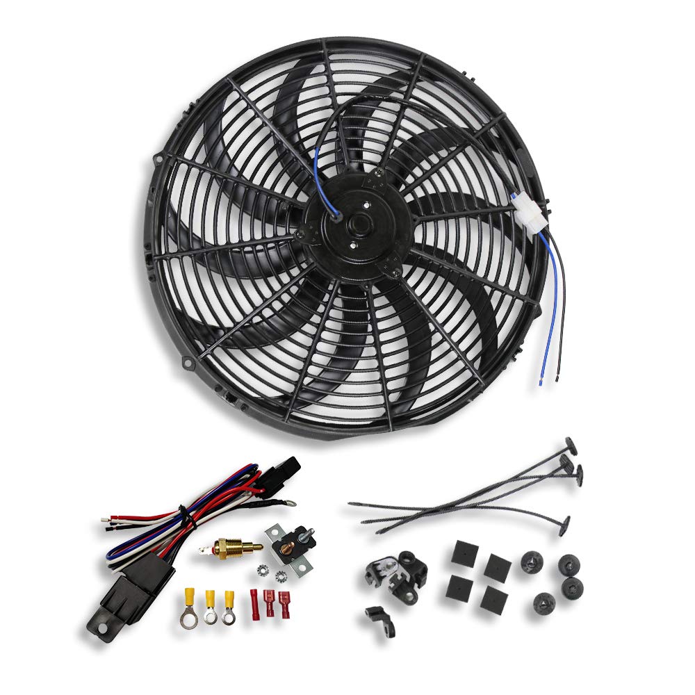 16 Inch 12V 3000 CFM Electric Radiator Cooling Fan with Mounting Kit & Thermostat Relay Kit Pack of 2 W120402