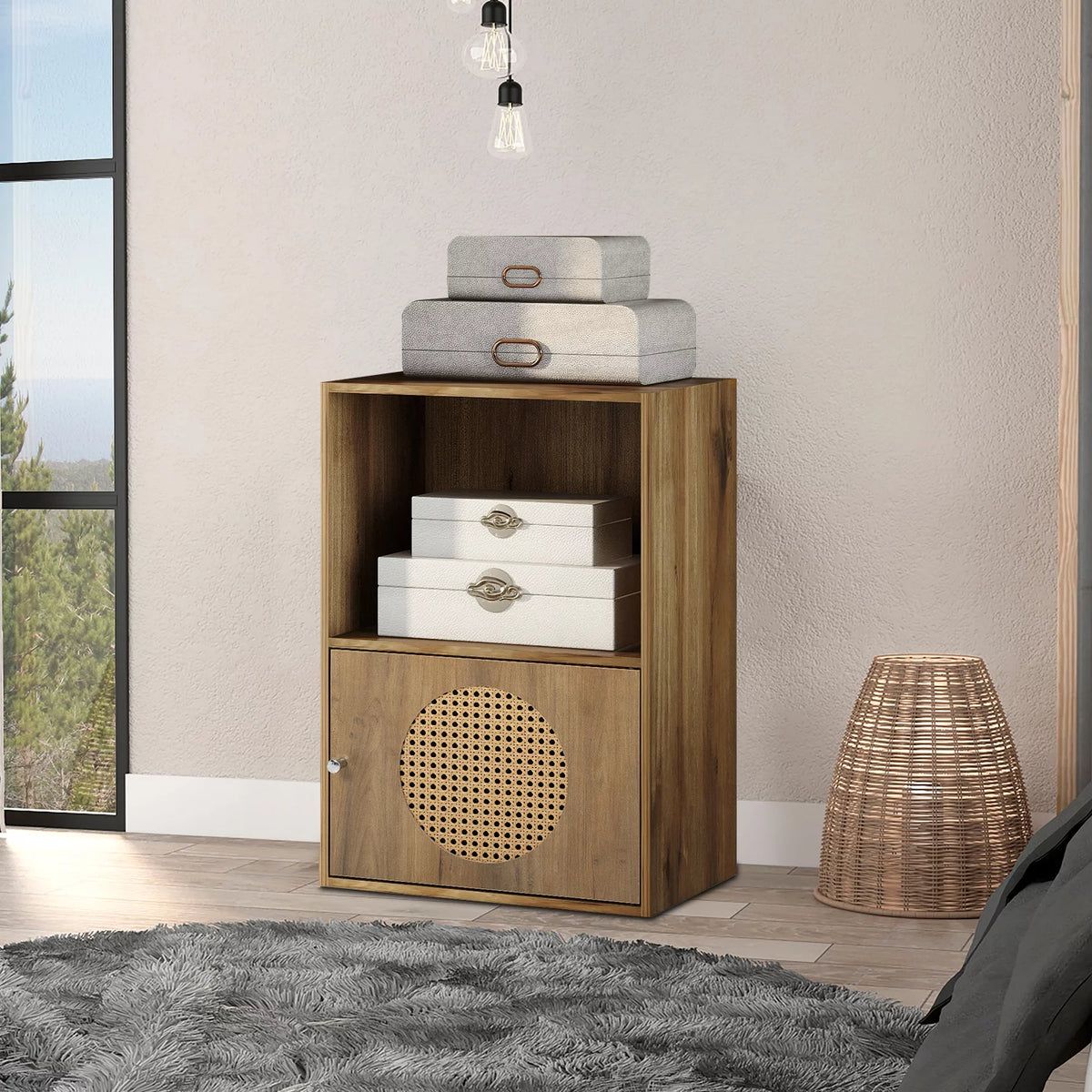 Antique Particle Board Two Layers Storage Cabinet with PE Rattan Door M64737