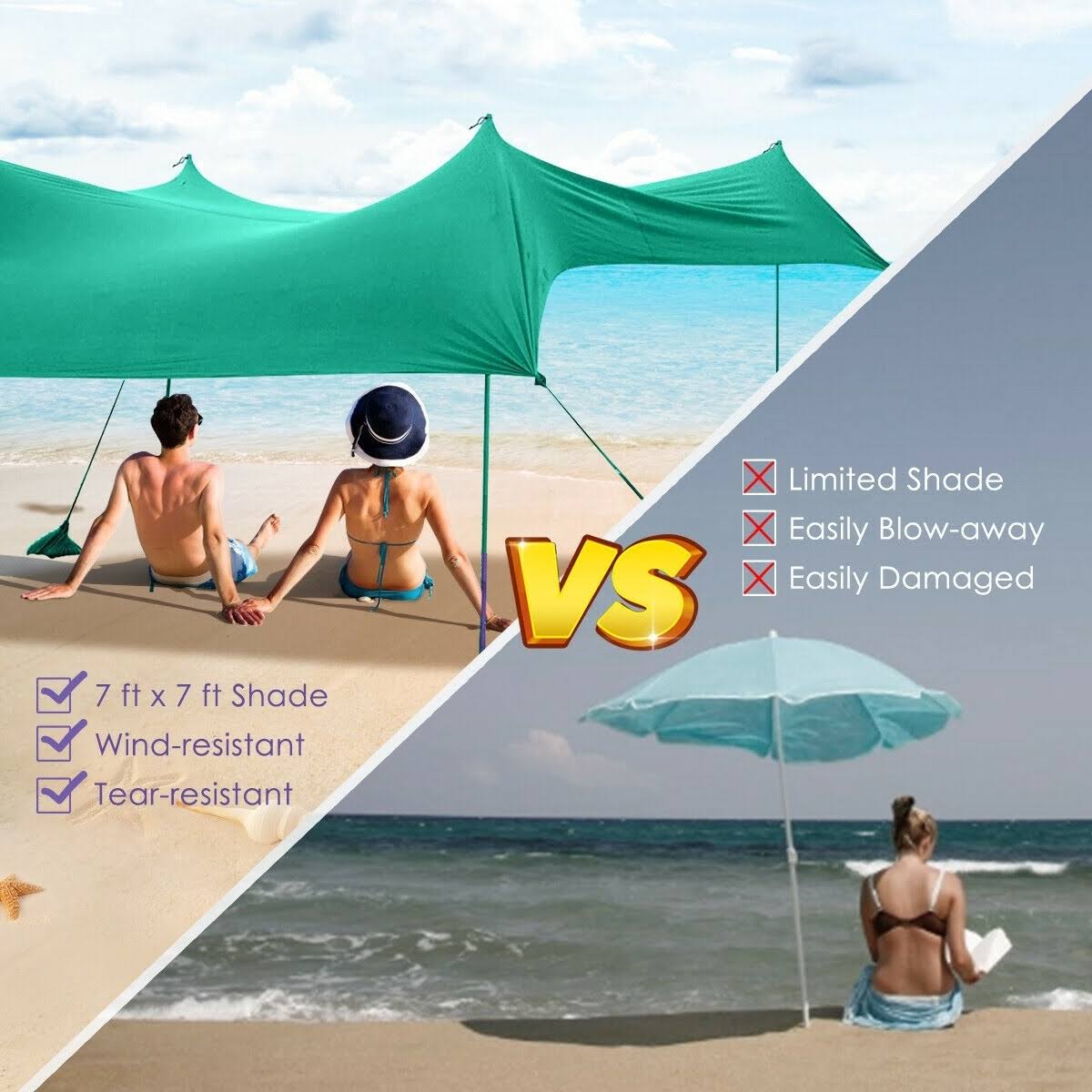 7 x 7 Family Beach Tent Canopy Sunshade with 4 Poles Green H278