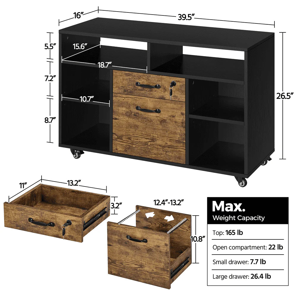 Black Rustic Brown Wooden Rolling File Cabinet with Lockable Drawer I171724