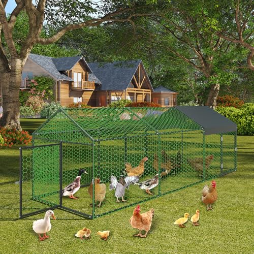 Metal Chicken Coop with Waterproof Cover, 120" x40" x40" Large Chicken Run with 3 Doors, Silver Q29349