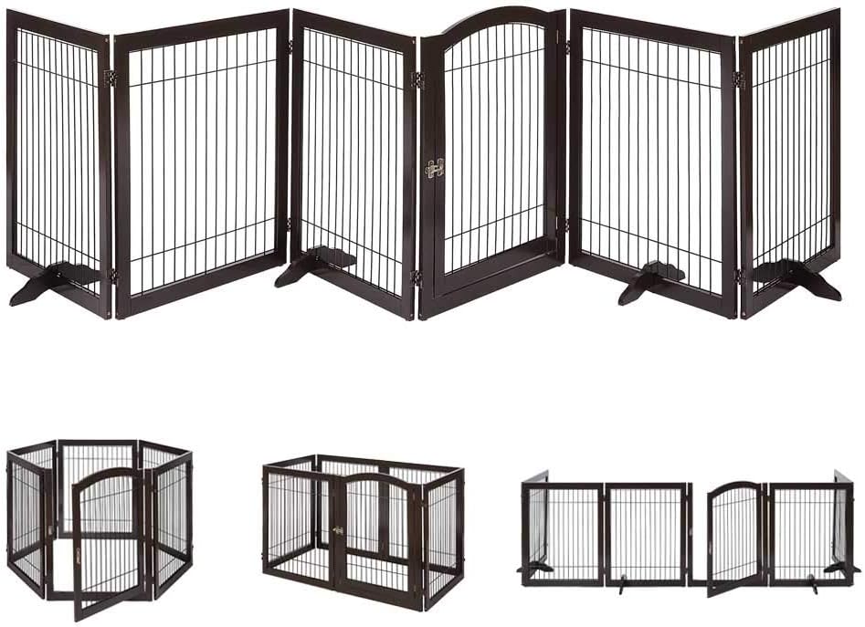 6 Panels Extra Wide Freestanding Walk Through Dog Gate with 4 Support Feet Z923805