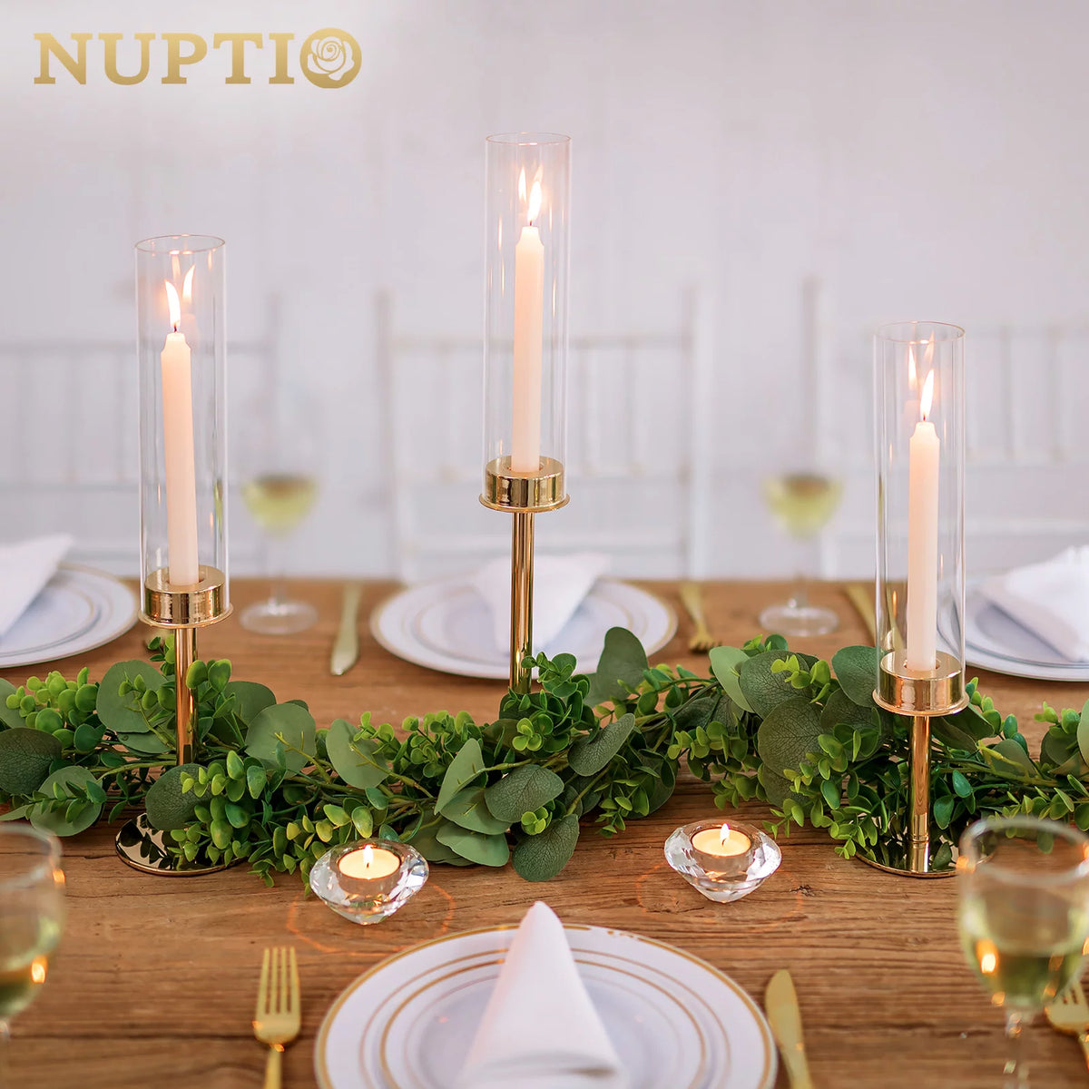 Gold Taper Candle Holders with Hurricane Glass Set of 6 L524191