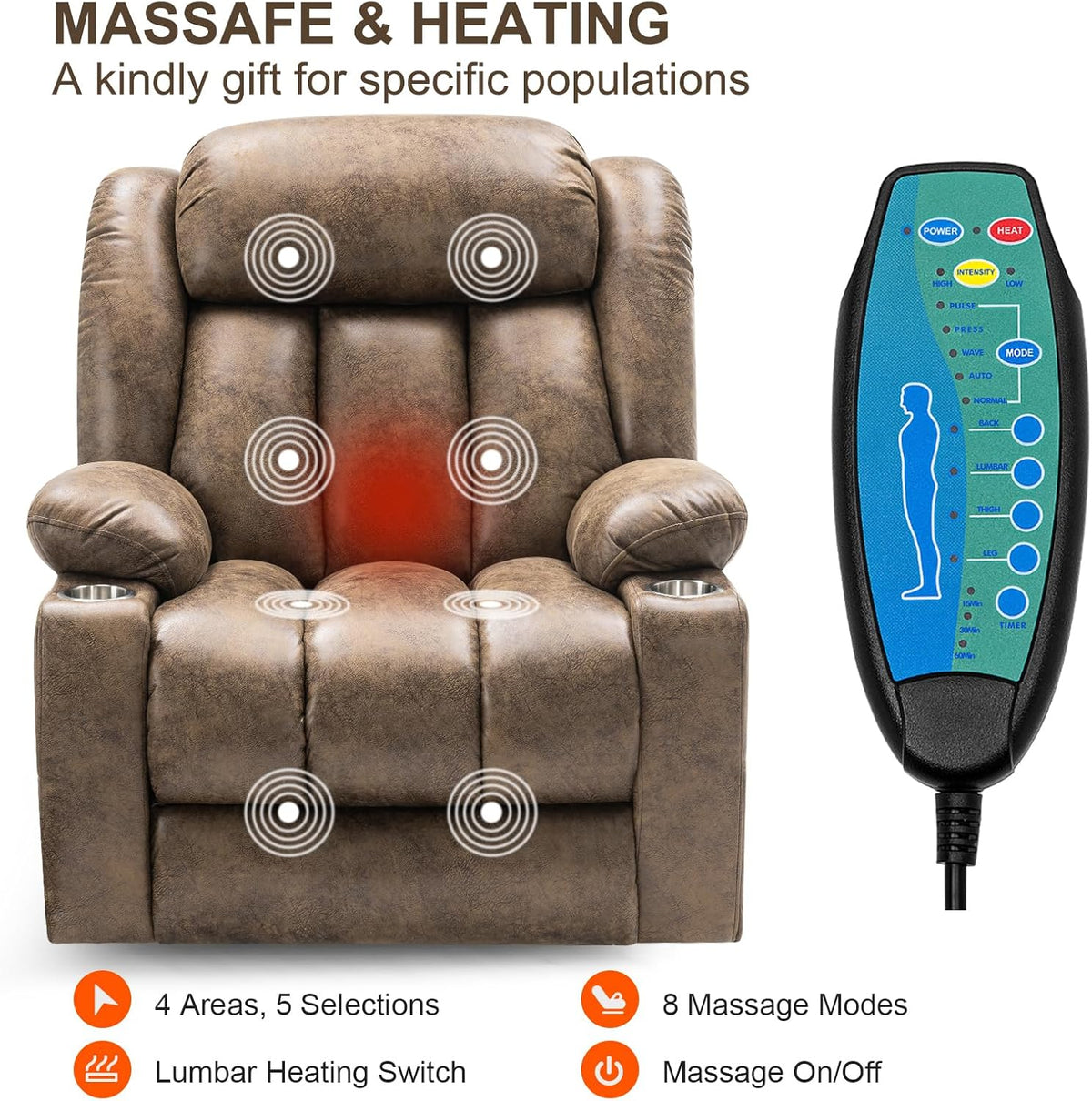 Light Brown Power Lift Recliner with Heated and Massage, USB, Cup Holder J267