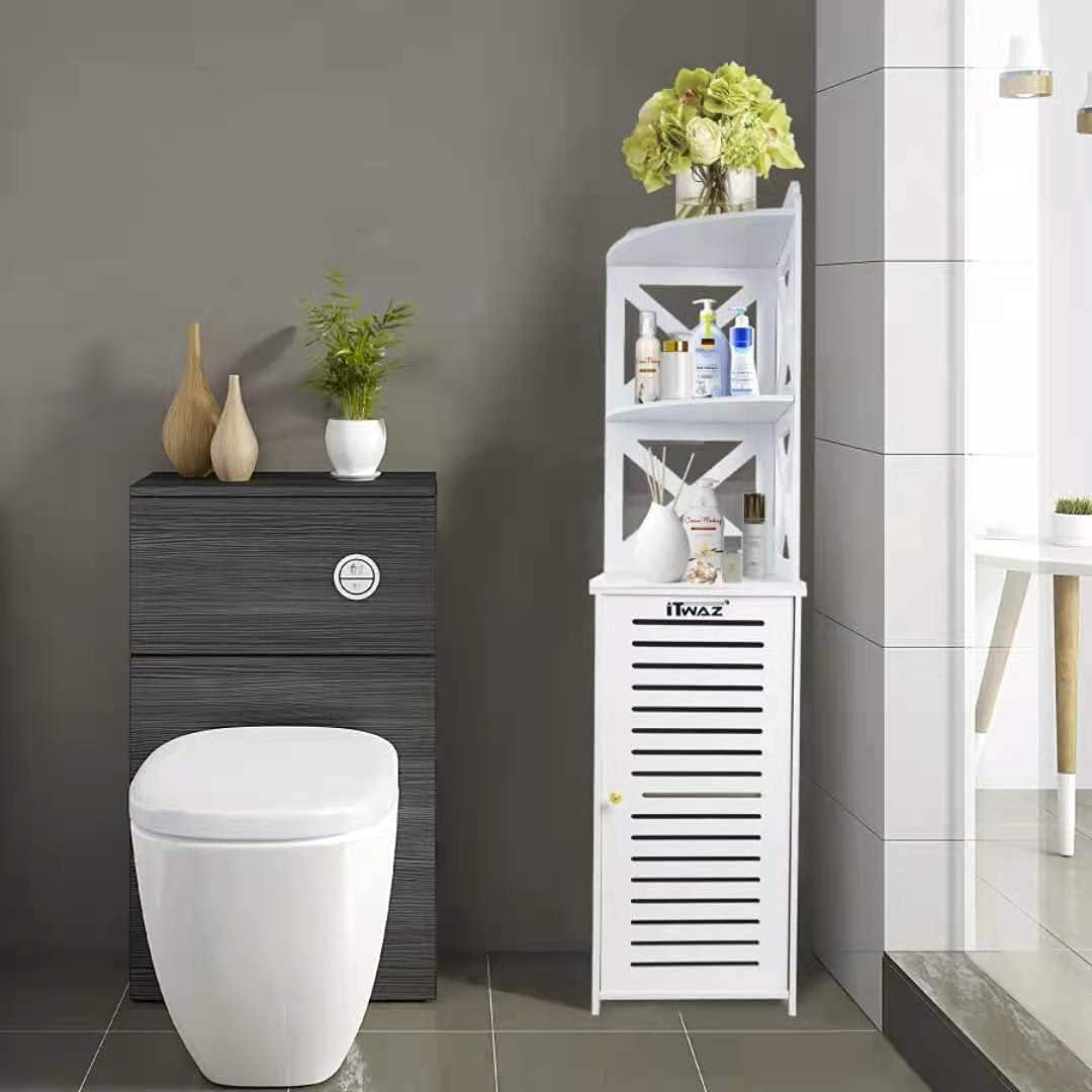White Free-Standing Bathroom Storage Cabinet with Single Door and 3-Layer Shelves K47429