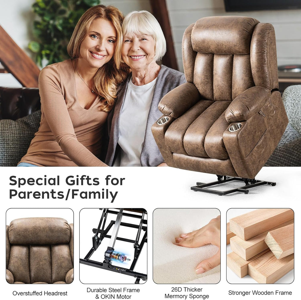 Light Brown Power Lift Recliner with Heated and Massage, USB, Cup Holder J267