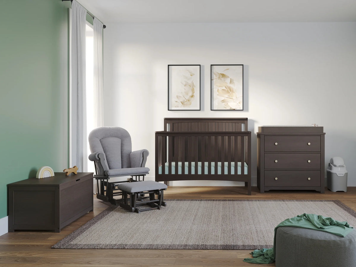 4-Piece Nursery Set with Convertible Crib, Dresser, Glider, and Toy Box Y661