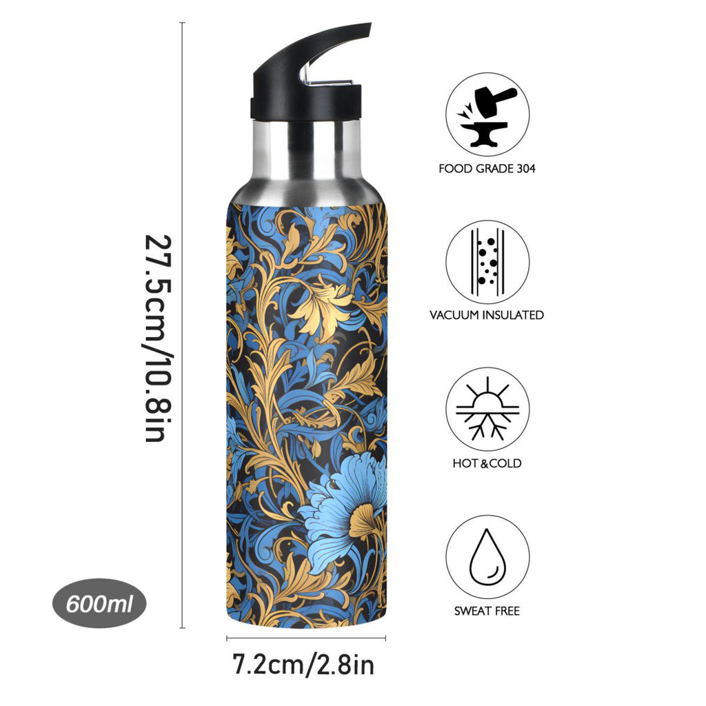Blue Flowers Stainless Steel Insulated Water Bottle with Straw Lid M968