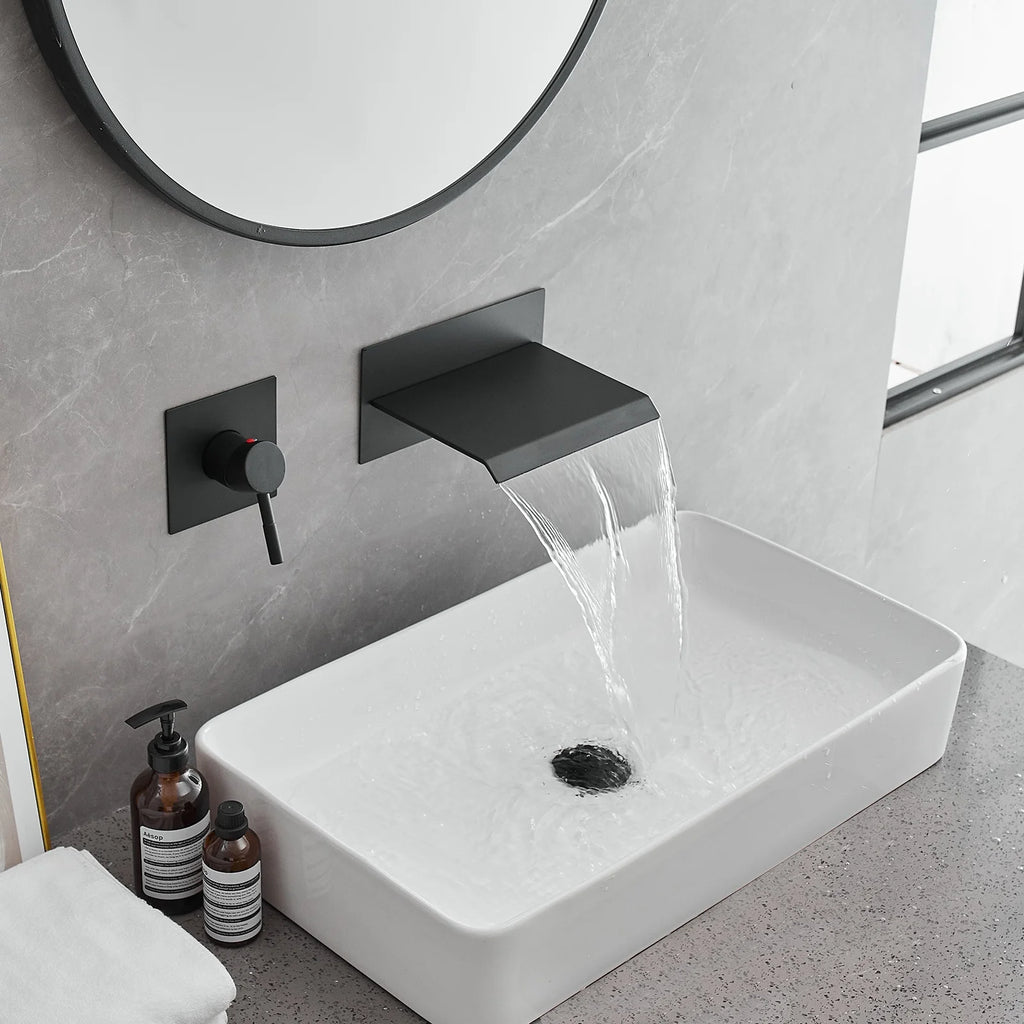 Wall Mount Waterfall Bathroom Faucet Matte Black T8085