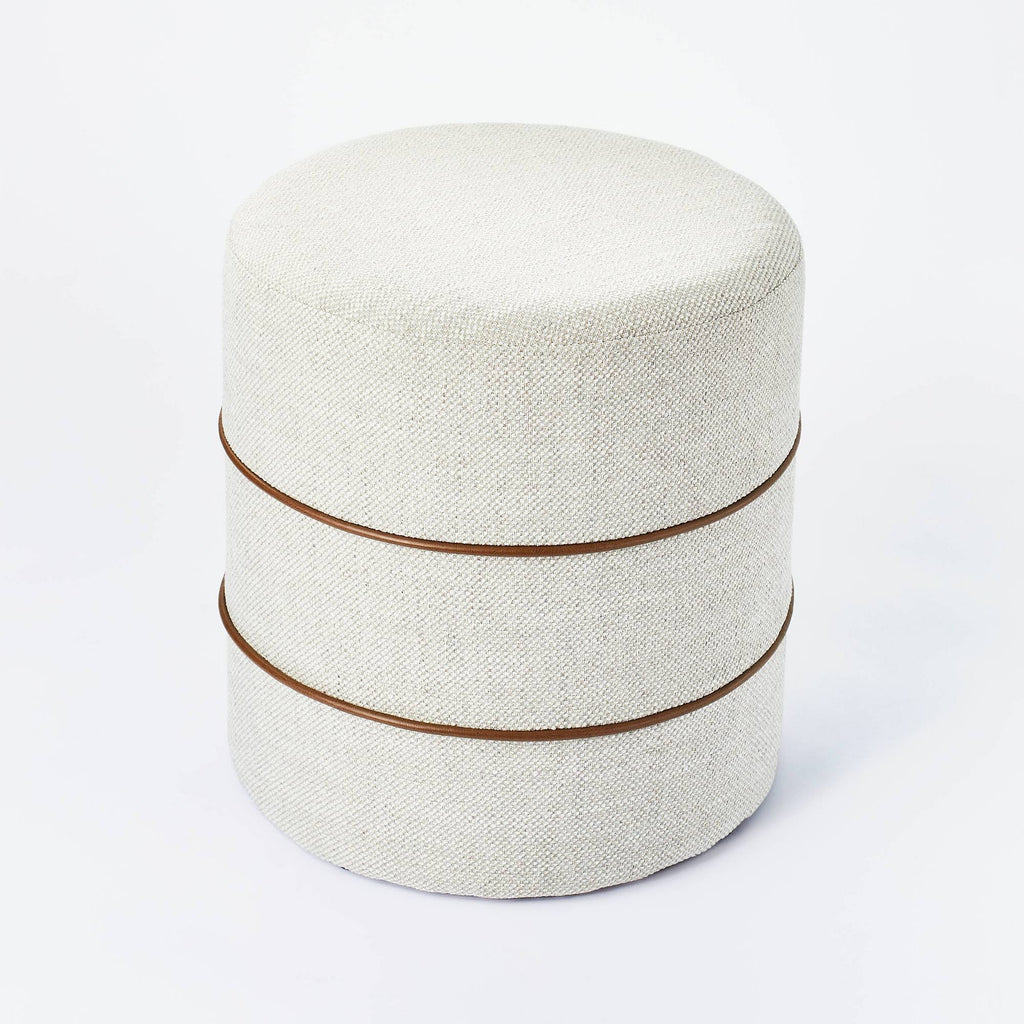 Cream Round Ottoman with Leather Piping D749358