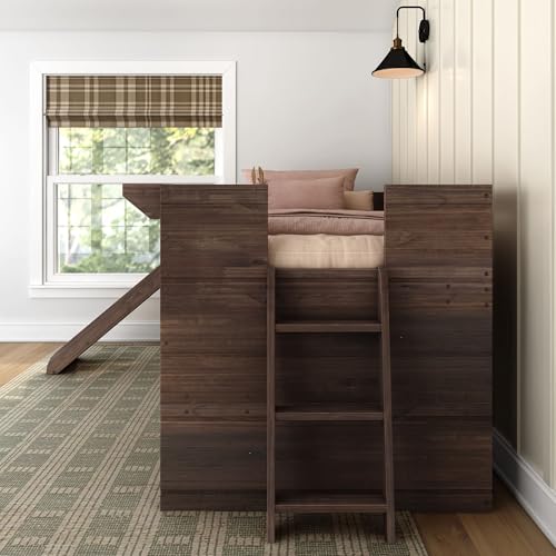 Twin Size Solid Wood Low Loft Bed with Storage Drawer and Ladder Y30967