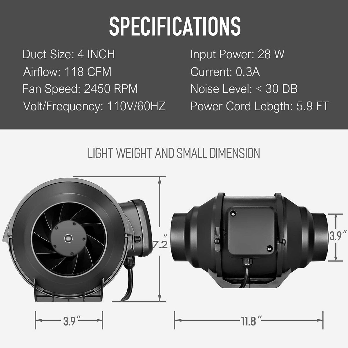 4 Inch 118 CFM Inline Blower Fan Air Carbon Filter, 25 Feet Ducting Hose Variable Speed Controller, Digital Hygrometer Thermometer, 1-Pair Rope Hanger Combo V23718