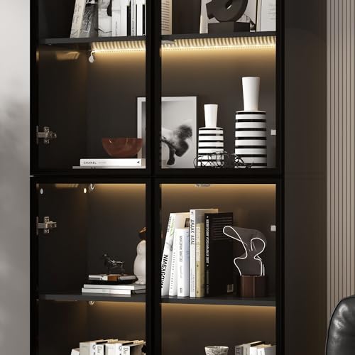 Black Glass Display Cabinet with 5-Tier Shelves and 4 Doors H159313