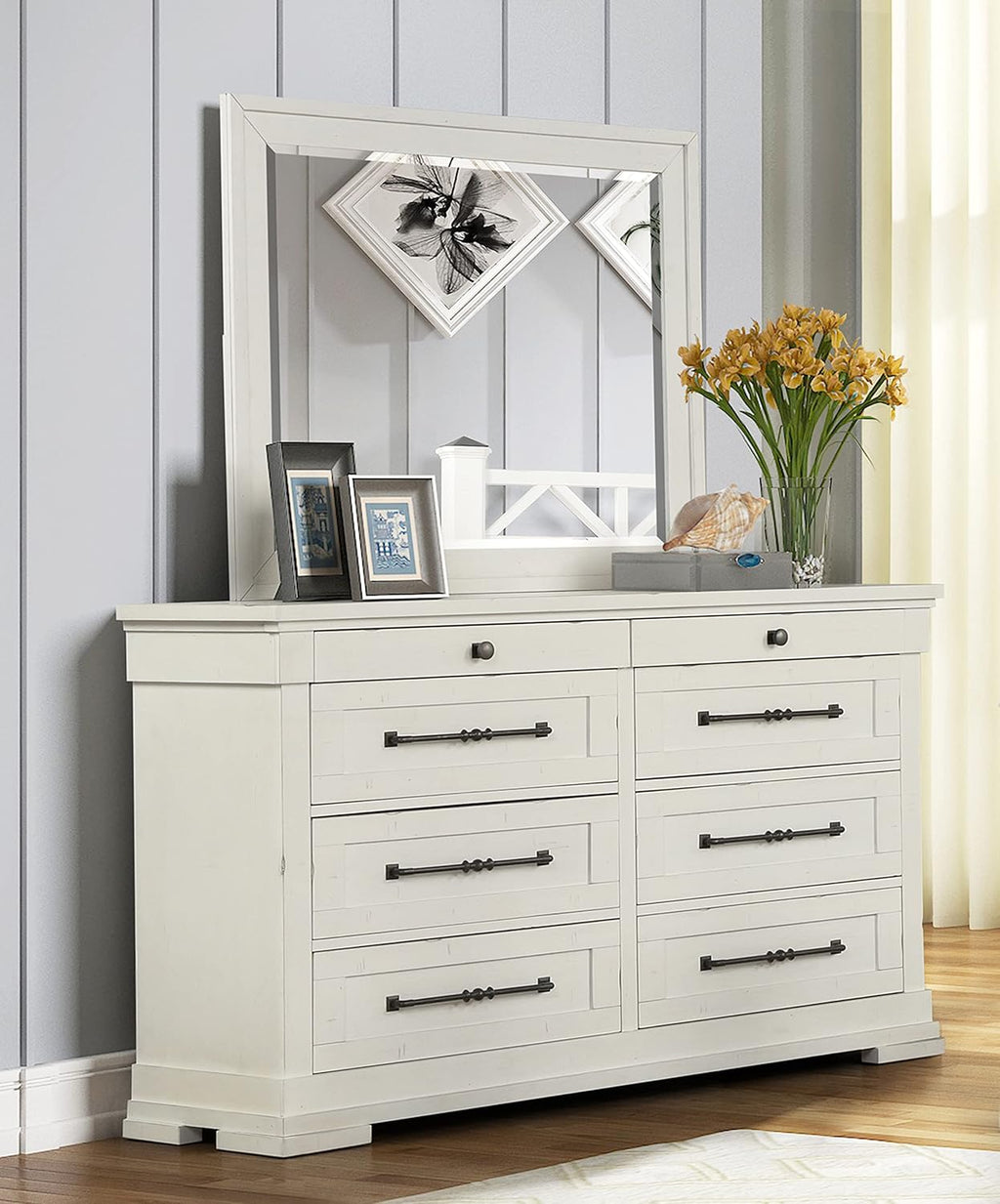 Antique White Queen Wood Panel Bed with Dresser, Mirror and Nightstand Z2306