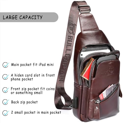 Leather Sling Bag with USB Charging Port Chest Bag Shoulder Bag Crossbody Daypack Backpack O728