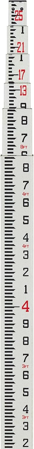 25-Foot Fiberglass Rectangular Leveling Rods, 4 Section Telescopic with Carrying Case W4088