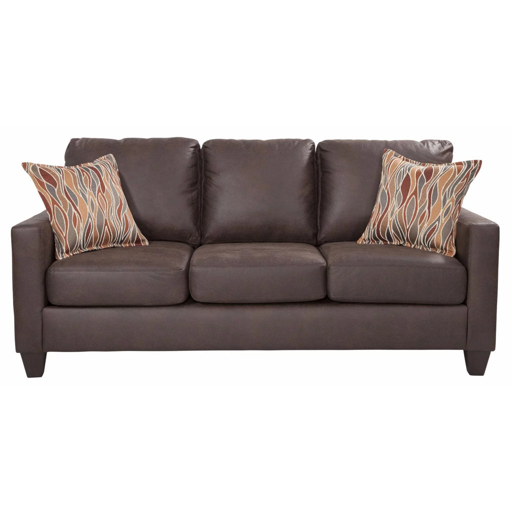 Pinto Brown Faux Leather Square Arm Sofa with Two Accent Pillows F7679