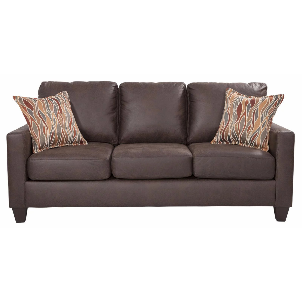 Pinto Brown Faux Leather Square Arm Sofa with Two Accent Pillows F7679