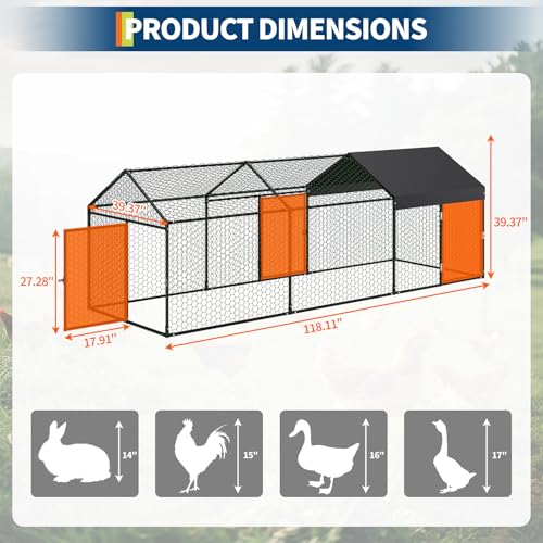 Metal Chicken Coop with Waterproof Cover, 120" x40" x40" Large Chicken Run with 3 Doors, Silver Q29349
