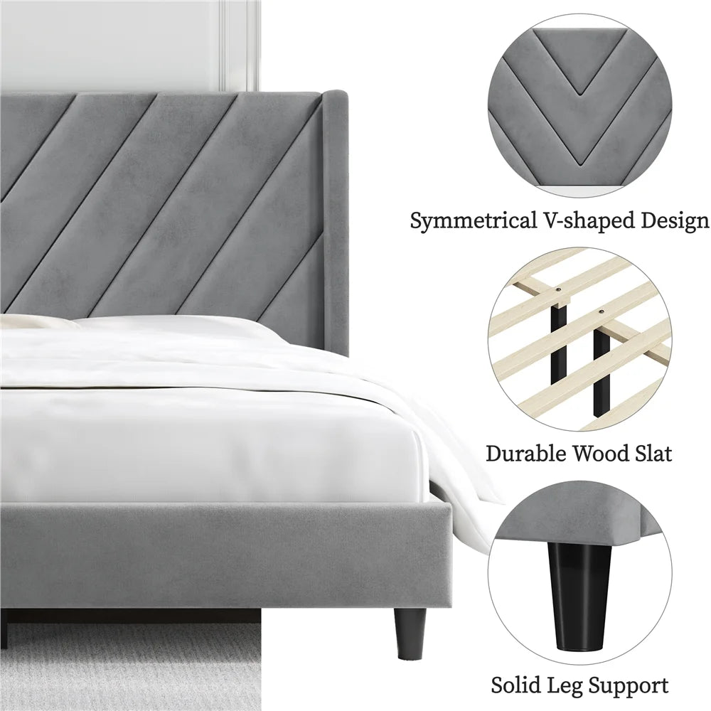 Light Gray Upholstered Bed with Wooden Slat Support H245311