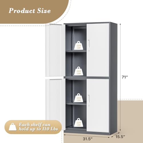Metal Storage Cabinet with 4 Lock Doors and 4 Adjustable Shelves, 74" Tall Rolling Cabinet L951074