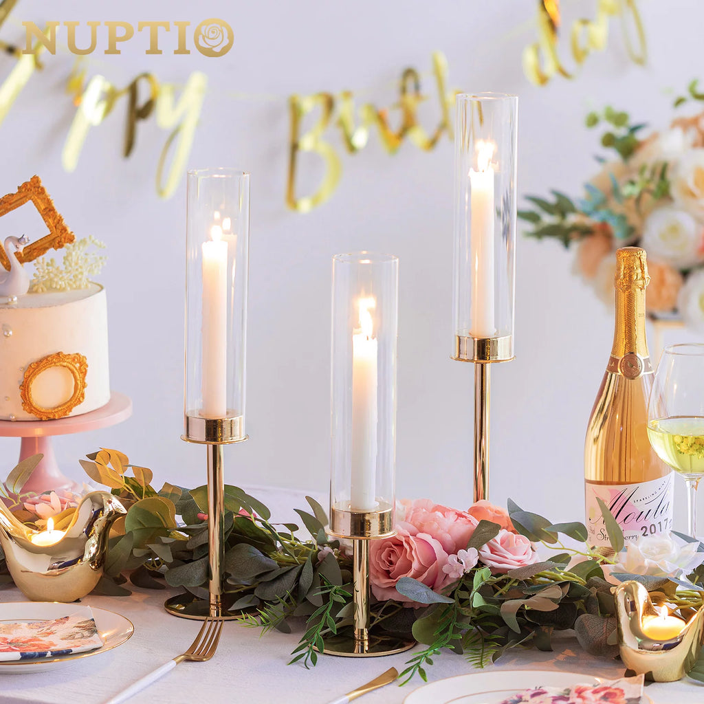 Gold Taper Candle Holders with Hurricane Glass Set of 6 L524191