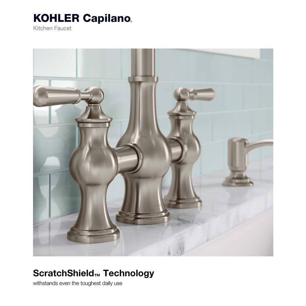 2-Handle Bridge Farmhouse Pull-Down Kitchen Faucet with Soap Dispenser I133729
