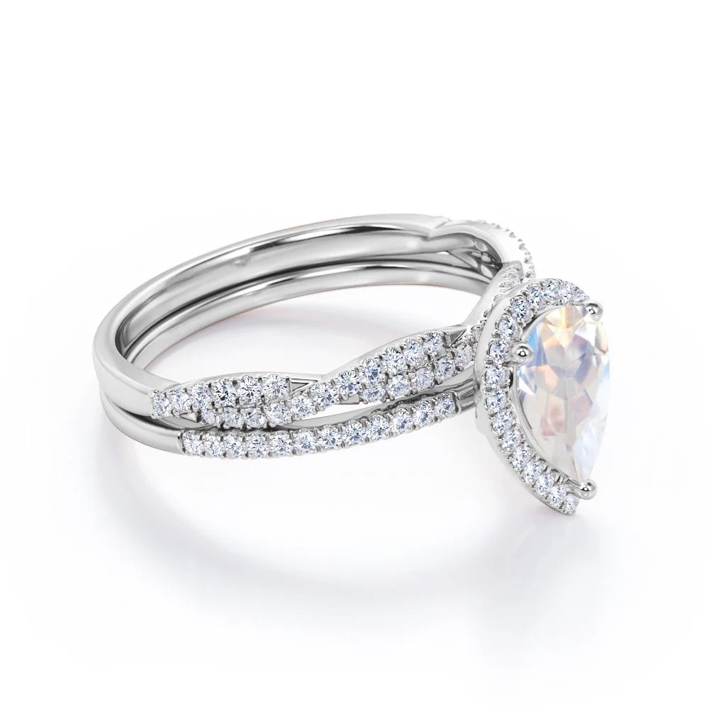 18K White Gold Plated Teardrop Rainbow Moonstone and Moissanite Wedding Ring Set L83663