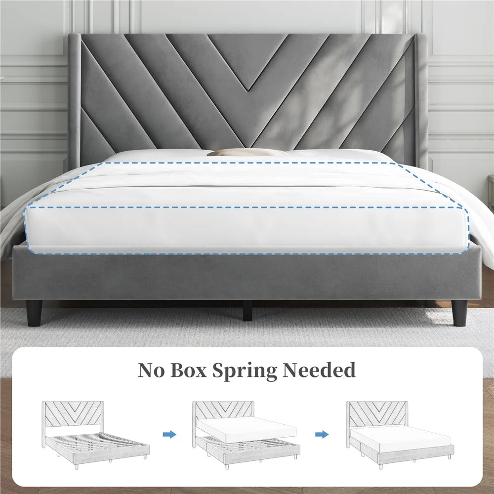 Light Gray Upholstered Bed with Wooden Slat Support H245311
