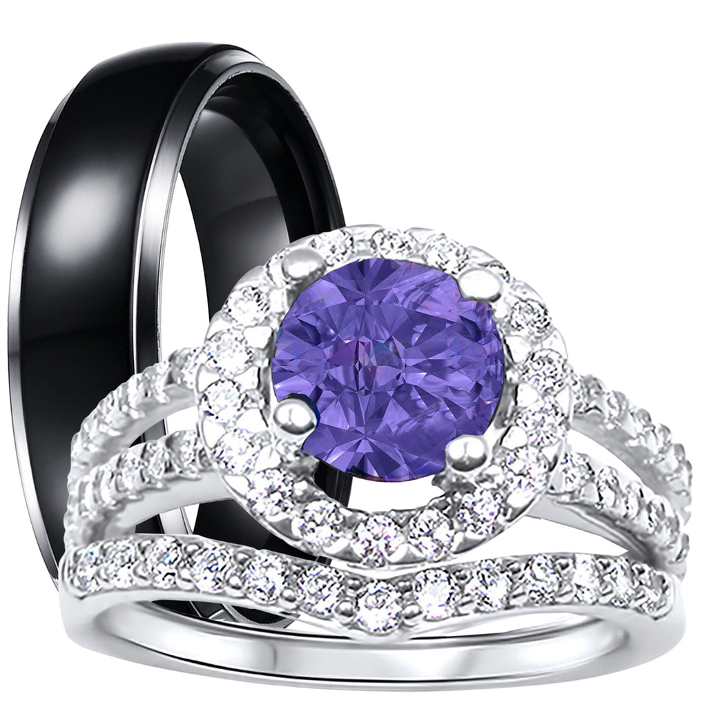 Purple CZ Black Silver Wedding Engagement Rings Set W4462