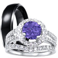 Purple CZ Black Silver Wedding Engagement Rings Set W4462