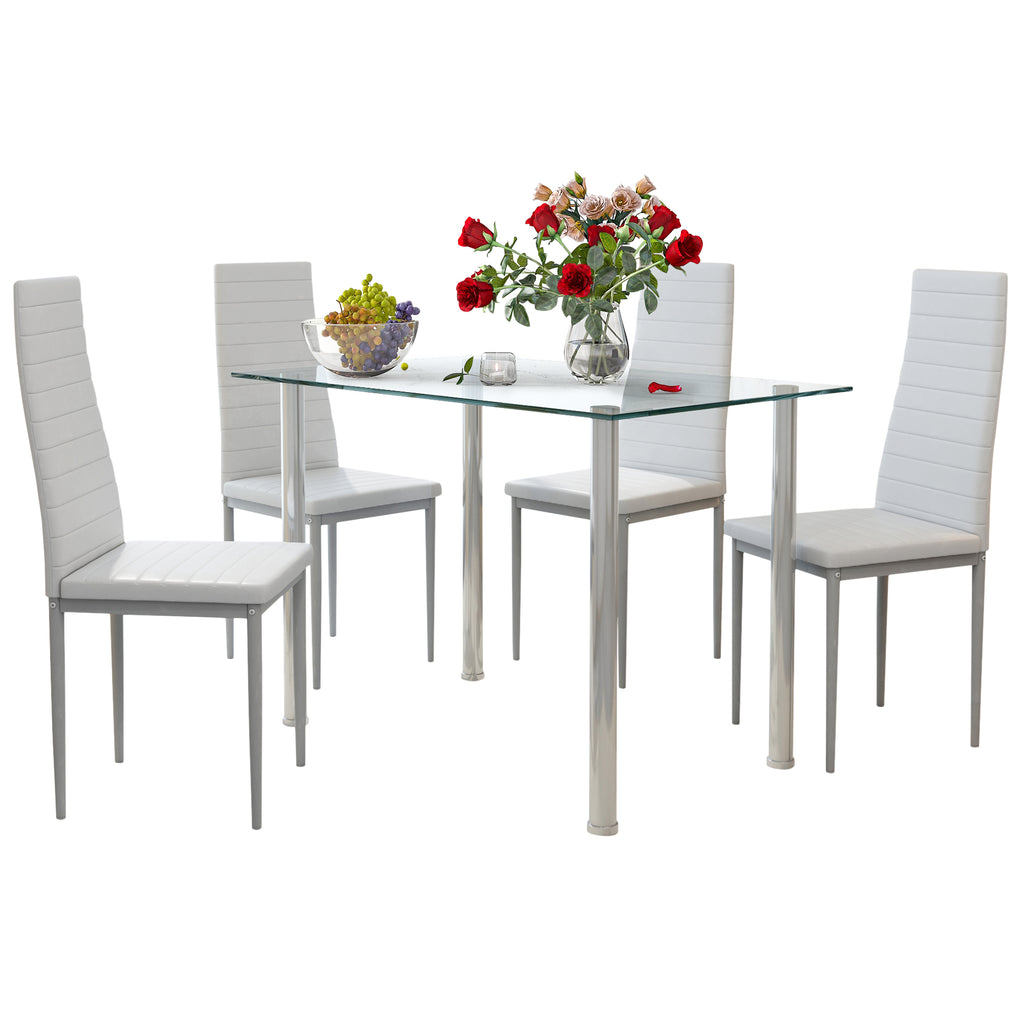White Tempered Glass Dining Table Set for 4 with 4 PU Leather Chairs O2992