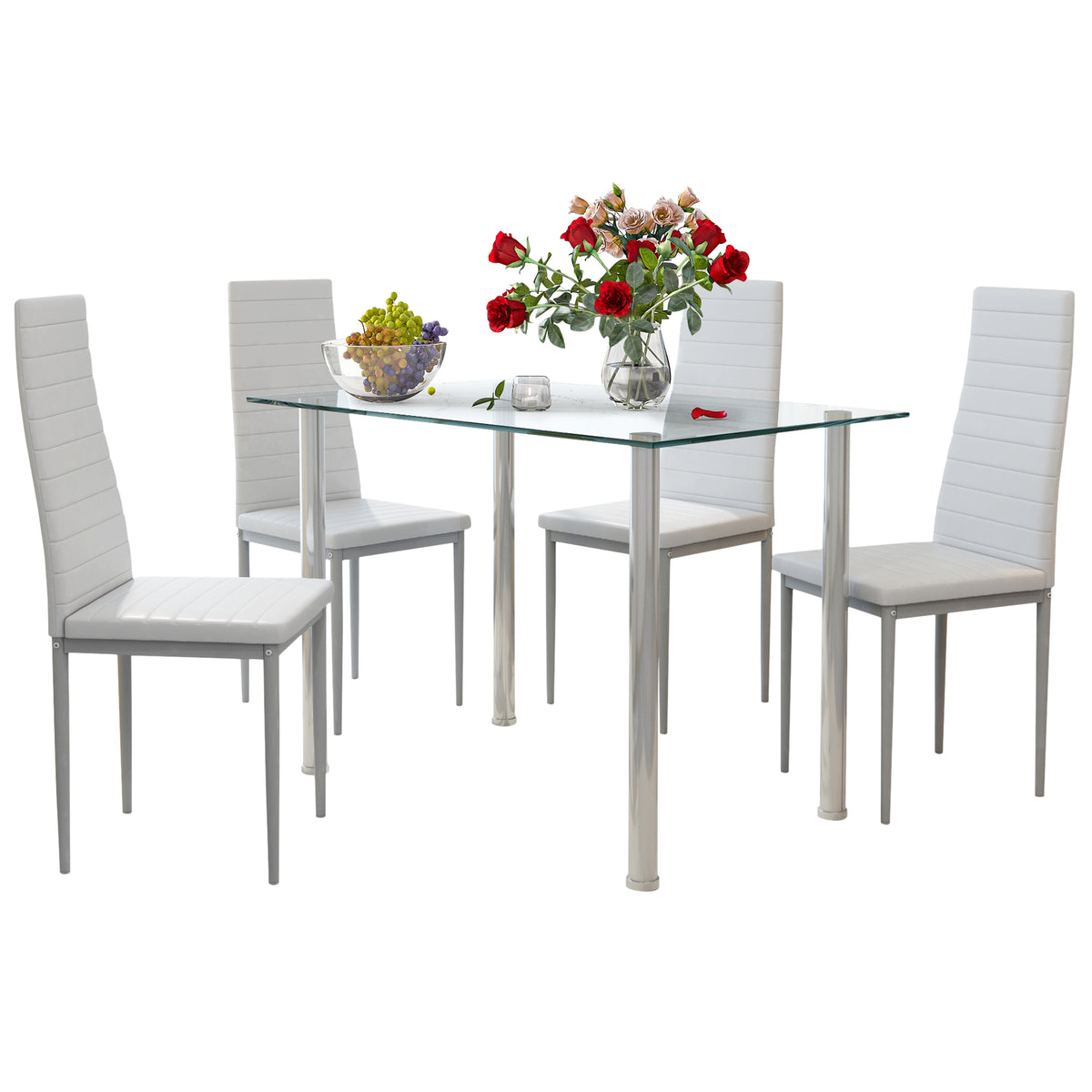White Tempered Glass Dining Table Set for 4 with 4 PU Leather Chairs O2992