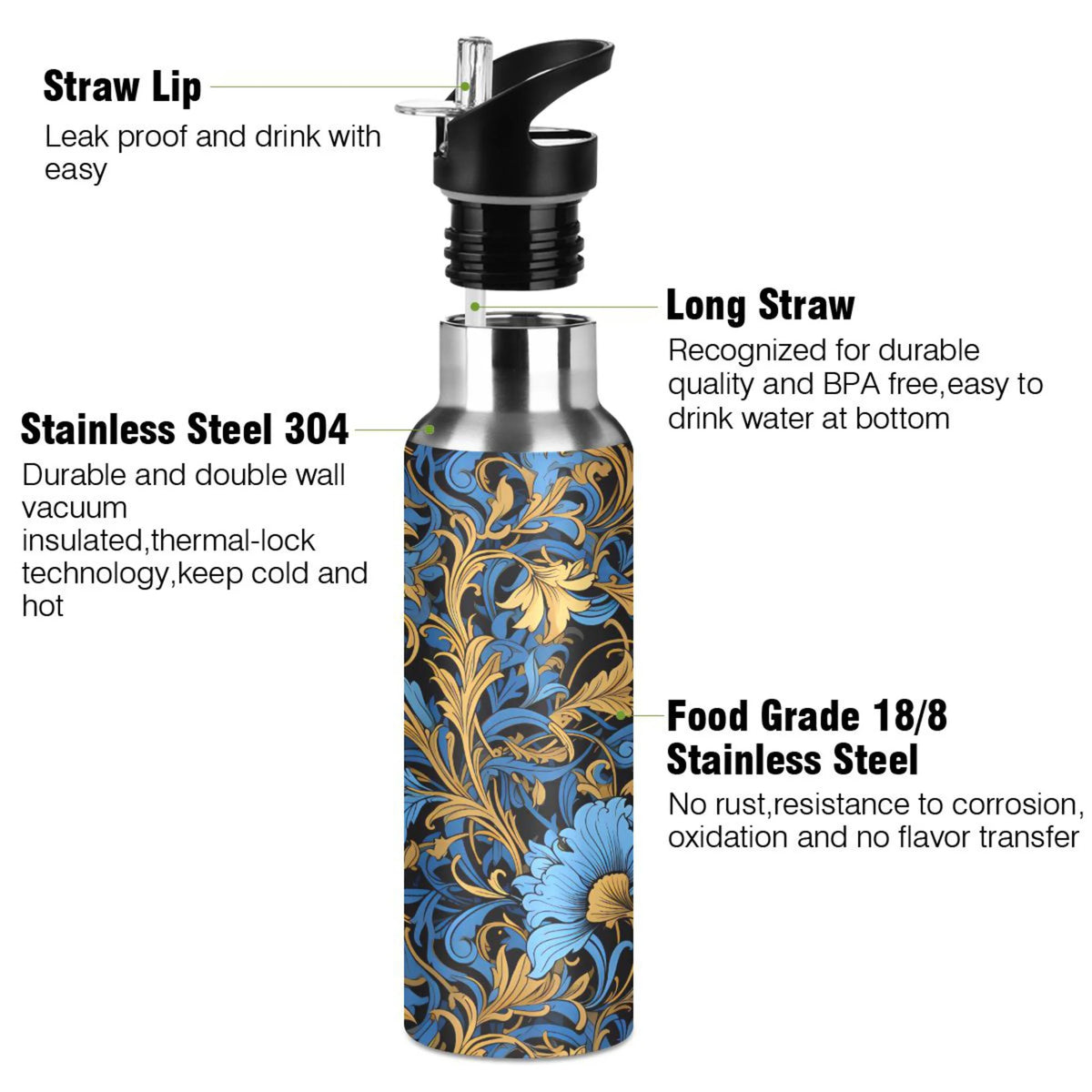 Blue Flowers Stainless Steel Insulated Water Bottle with Straw Lid M968