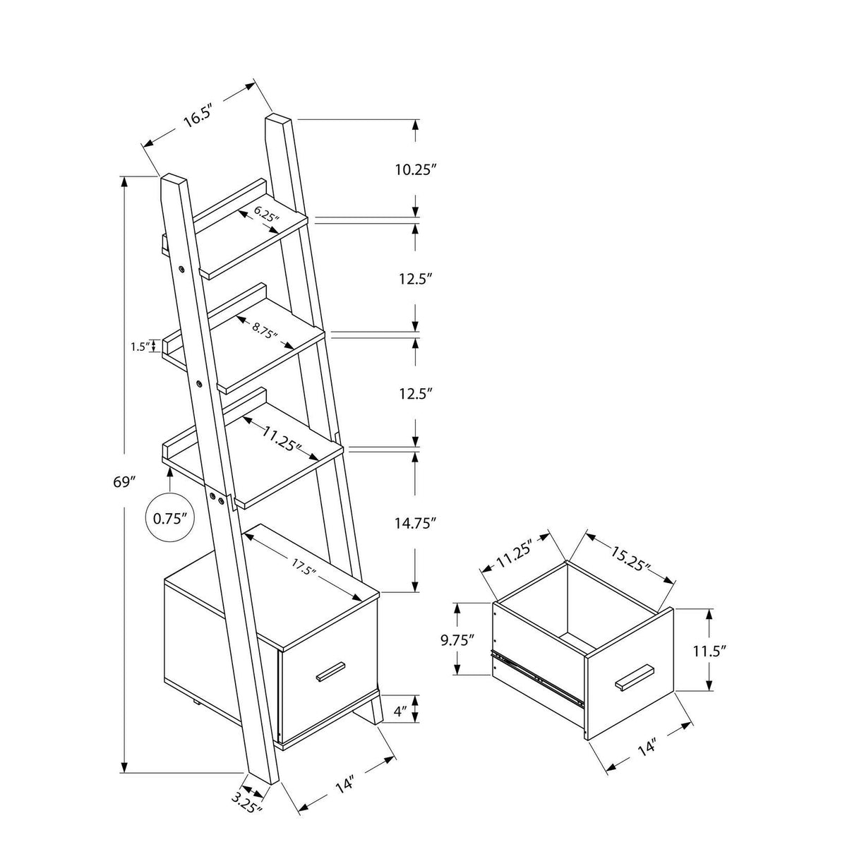 Dark Taupe Ladder Bookcase with Storage Drawer Q6566