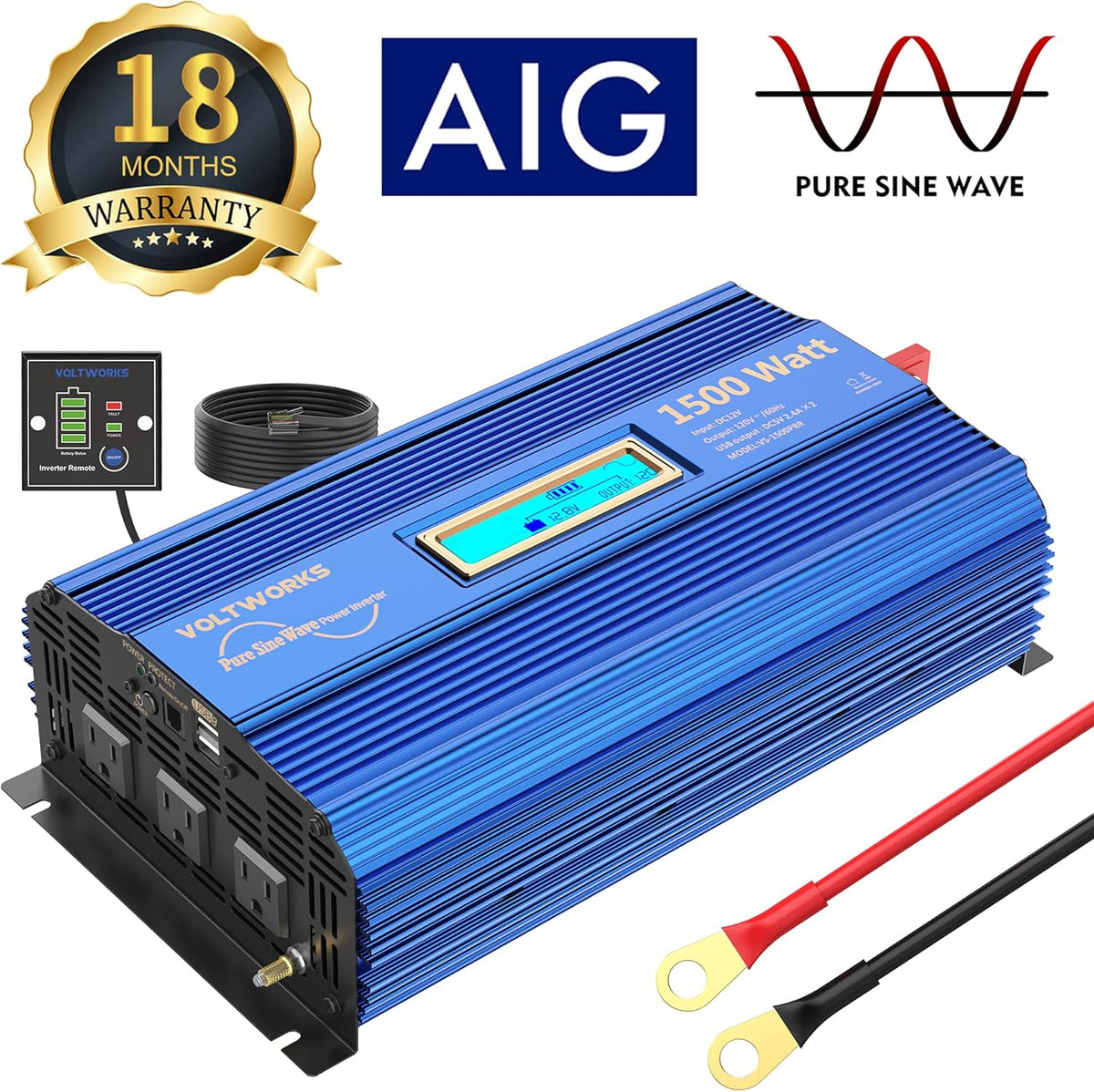 1500W Pure Sine Wave Power Inverter DC 12v to AC 110V-120V with Remote Control LCD Display Y95265