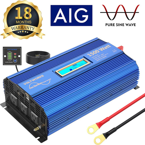 1500W Pure Sine Wave Power Inverter DC 12v to AC 110V-120V with Remote Control LCD Display Y95265
