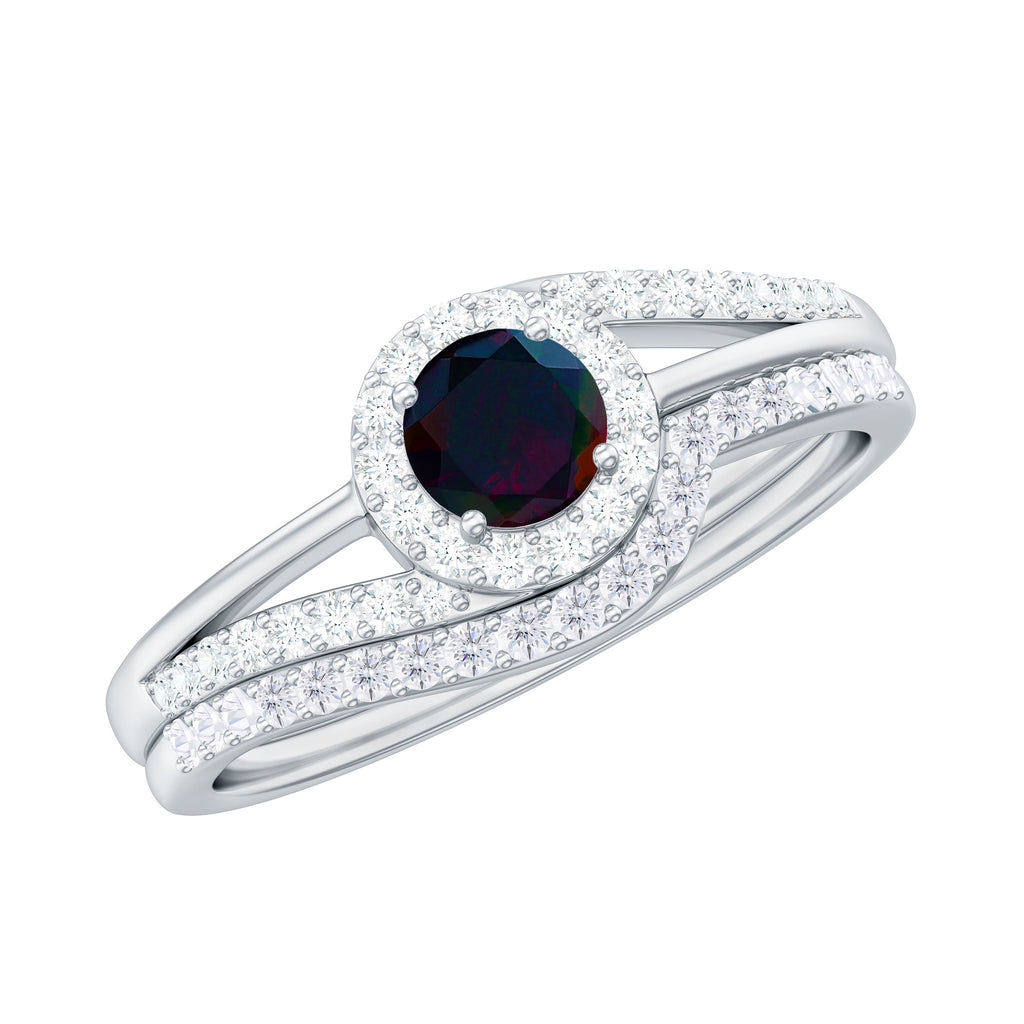 Natural Black Opal Ring Set with Diamond, 925 Sterling Silver, US 4.00 G52404