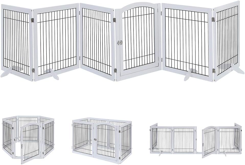6 Panels Extra Wide Freestanding Walk Through Dog Gate with 4 Support Feet Z923805