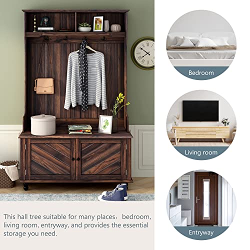 Black Wooden Shoe Bench with 2 Compartments & 4 Hooks Z66374