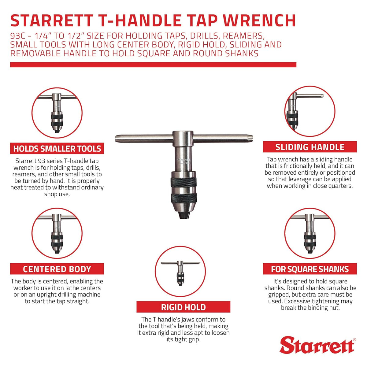 T-Handle Tap Wrench, 1/4" to 1/2", Long Center Body, Sliding and Removable Handle, Pack of 2 D218