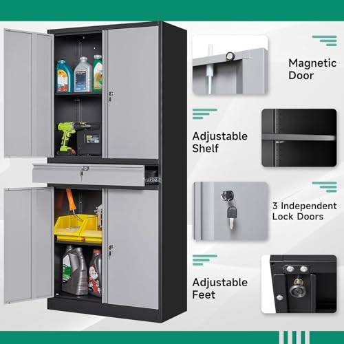 Metal Garage Storage Cabinet with Drawer, 4 Door Tool Cabinet with Lock D638