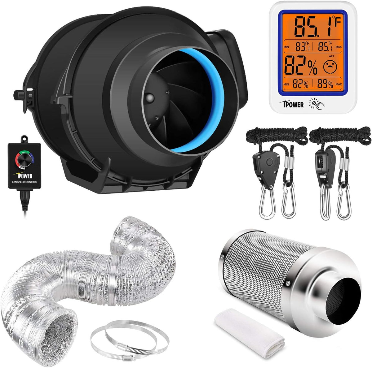 4 Inch 118 CFM Inline Blower Fan Air Carbon Filter, 25 Feet Ducting Hose Variable Speed Controller, Digital Hygrometer Thermometer, 1-Pair Rope Hanger Combo V23718