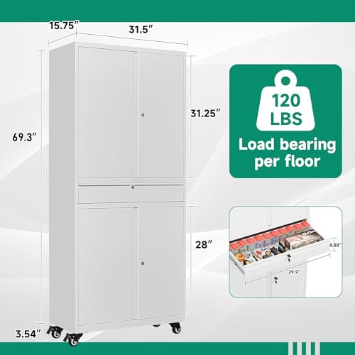 Metal Garage Storage Cabinet with Drawer, 4 Door Tool Cabinet with Lock D638