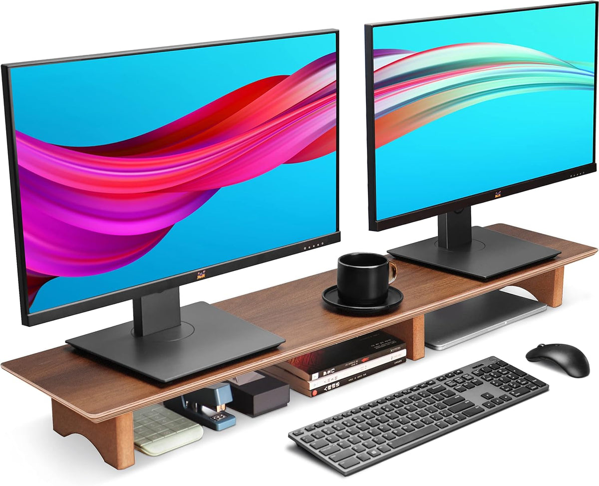 Large Solid Wood Dual Monitor Stand Riser with Eco Cork Legs, Pack of 2 S181899